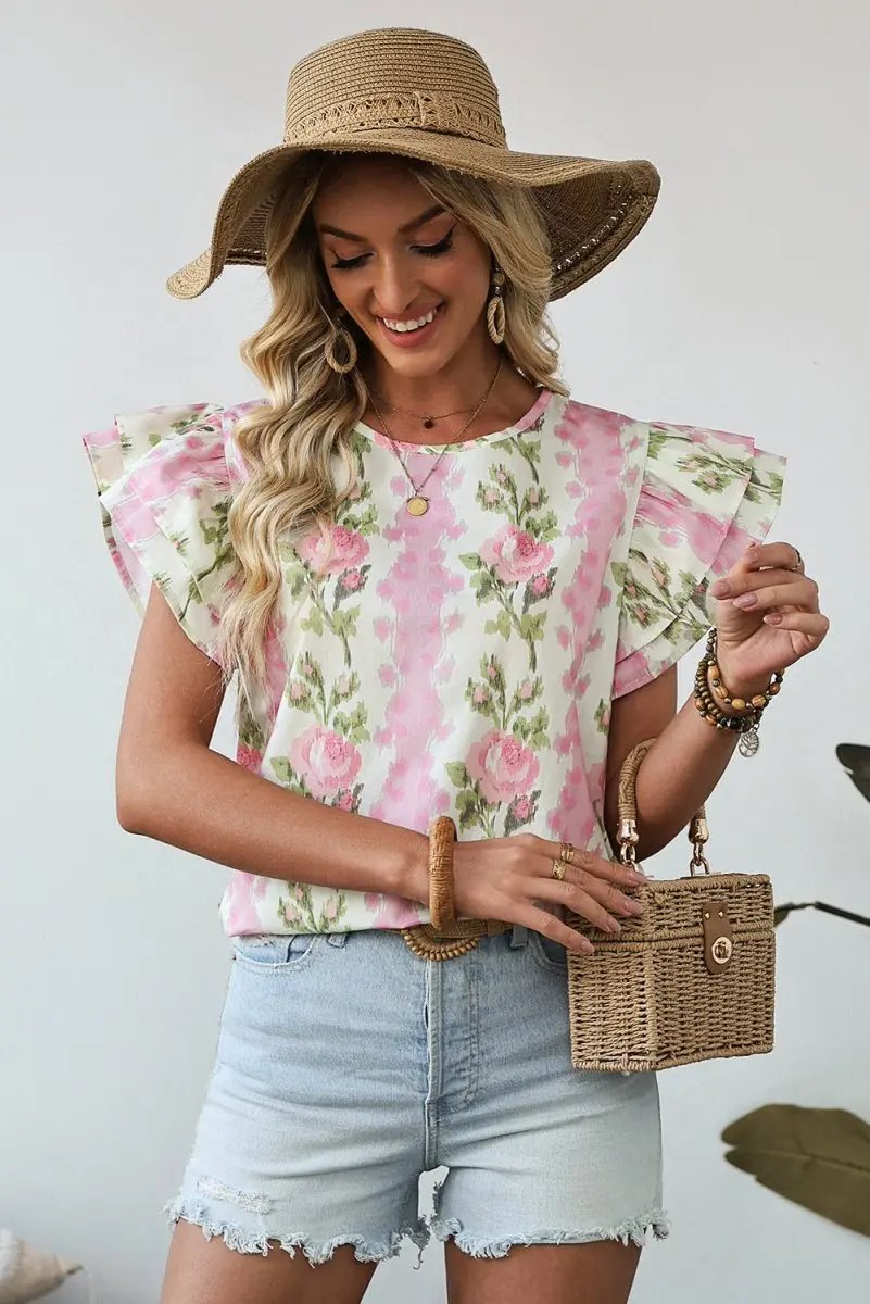 Pink Floral Print Ruffled Sleeve Summer Top for Women - Love Salve